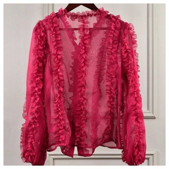 Sheer Fuchsia Ruffle Top Size Small - Picture 7 of 8